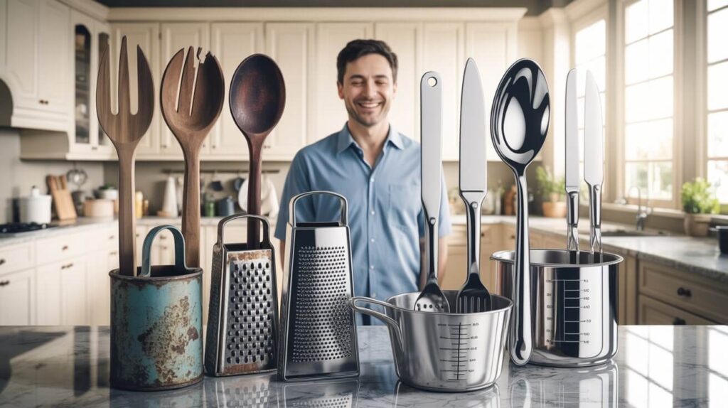 A smiling man standing behind wooden and stainless steel kitchen utensils arranged on a countertop, illustrating when to replace kitchen utensils based on wear, material condition, and kitchen hygiene.
