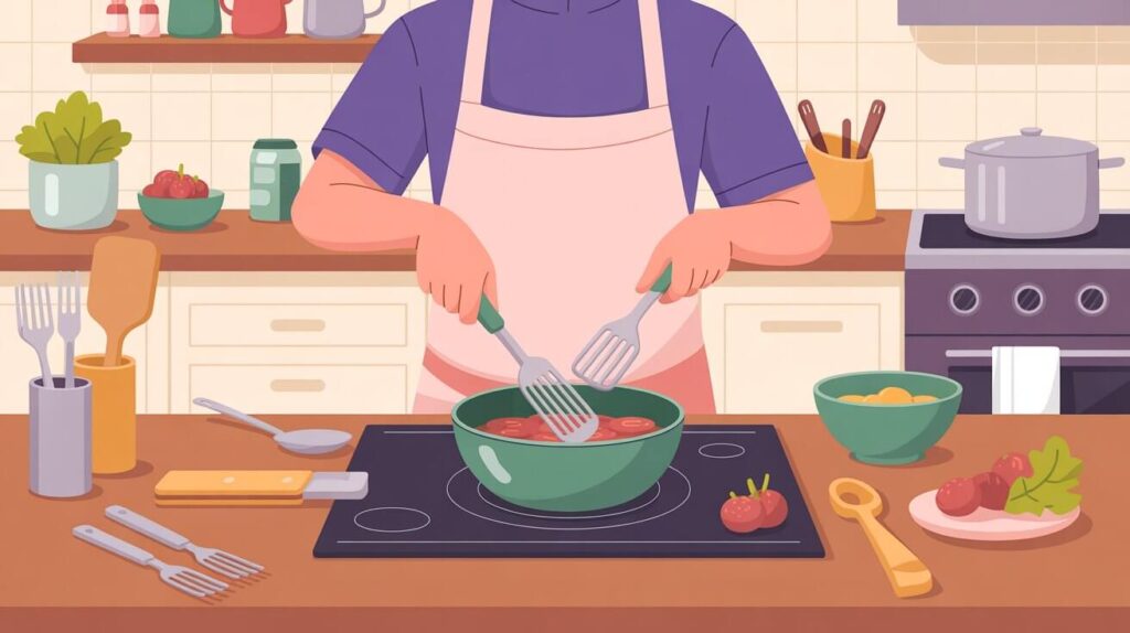 Illustration showing a person cooking with spatulas on a stovetop, explaining Why Proper Utensil Use Matters for safe, efficient, and damage-free cooking in a home kitchen.