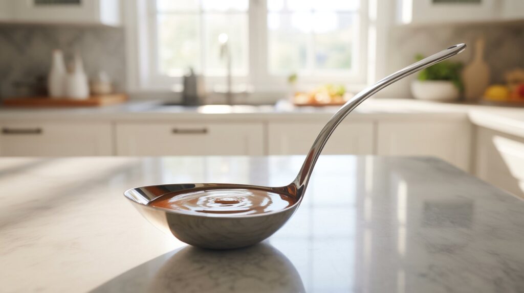 A stainless steel ladle filled with smooth brown gravy resting on a marble countertop, showing the best gravy ladle for easy pouring and serving.