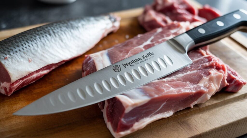 Close-up view of a sharp kitchen boning knife slicing through fresh meat and fish on a clean wooden board.