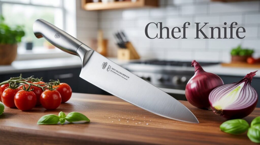 Professional kitchen chef knife slicing fresh vegetables on a clean countertop.