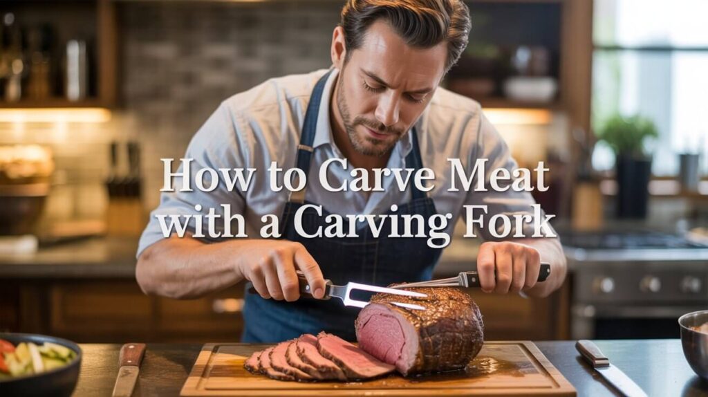 A man slicing a roasted joint of meat on a wooden cutting board using a sharp knife and demonstrating how to carve meat with a carving fork in a home kitchen.