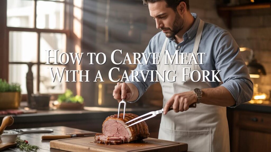 A man carving a roast with a carving fork and knife, demonstrating how to carve meat with a carving fork safely and precisely.