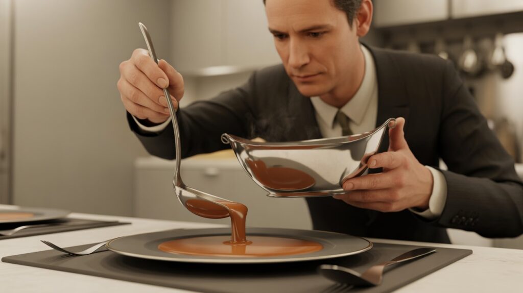 A well-dressed man carefully pouring sauce using a ladle and gravy boat, demonstrating how to serve gravy without spills with precision and control.