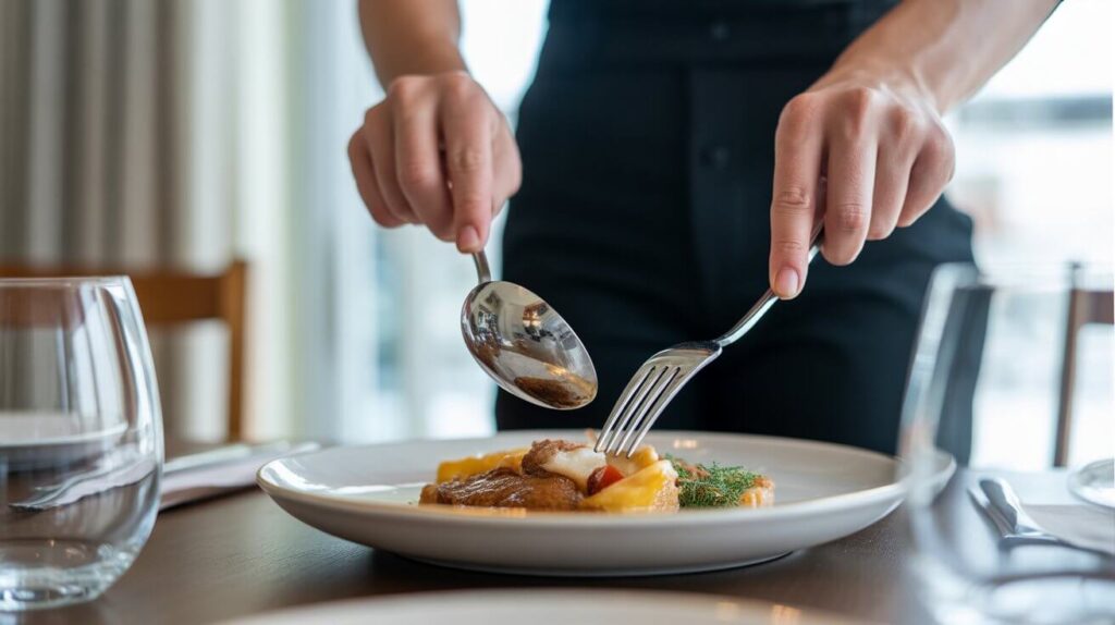 Hands demonstrating how to serve with spoon and fork while carefully arranging food on a white plate at a dining table.