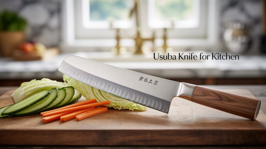 Japanese-style Usuba knife cutting carrots and cucumbers on a wooden board.