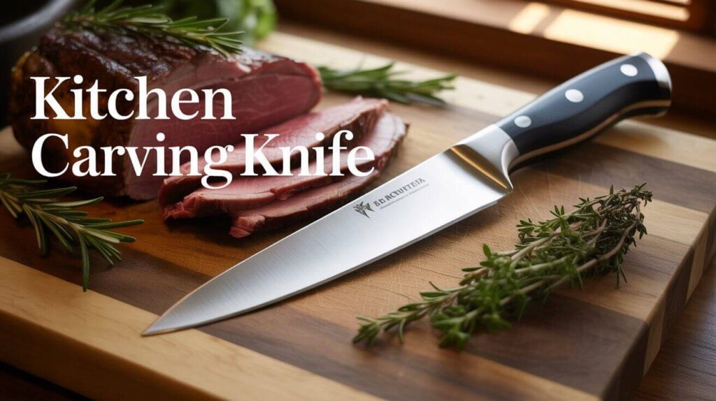 Professional kitchen carving knife slicing a roasted turkey with herbs.