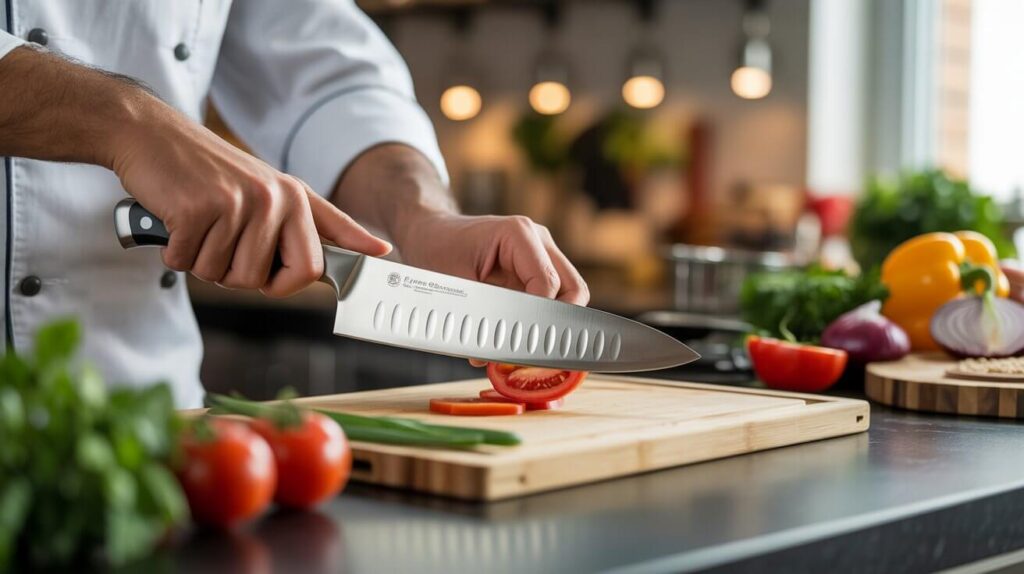 Close-up of a chef using a sharp itchen knife to slice a fresh tomato on a wooden cutting board in a modern kitchen.