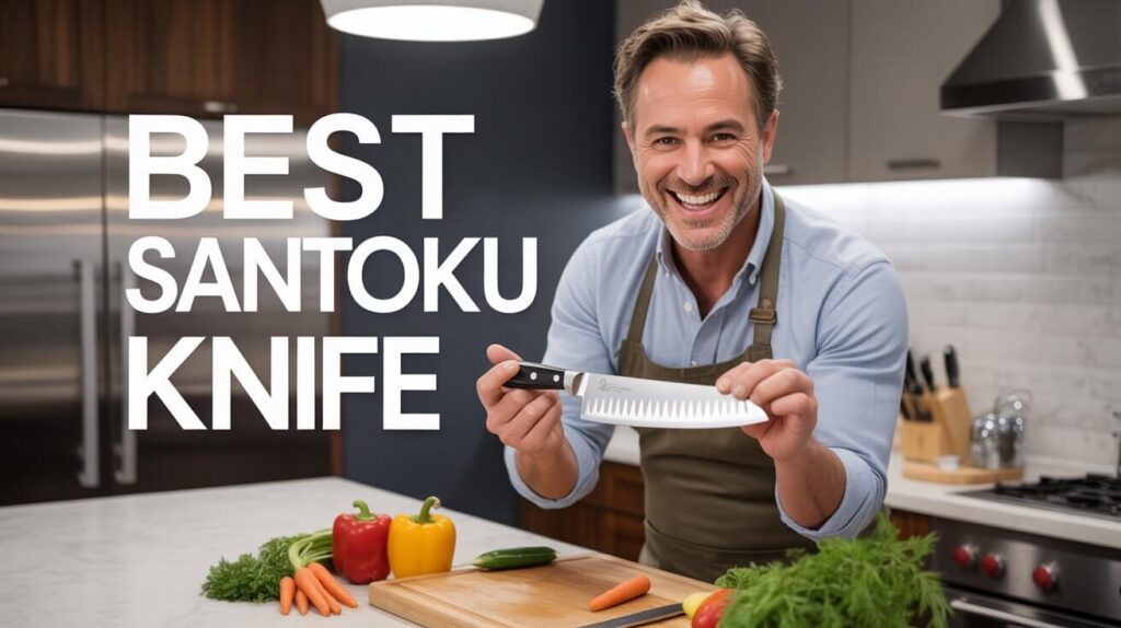 Close-up of a man slicing vegetables with a sharp stainless steel kitchen santoku knife in a bright modern kitchen.