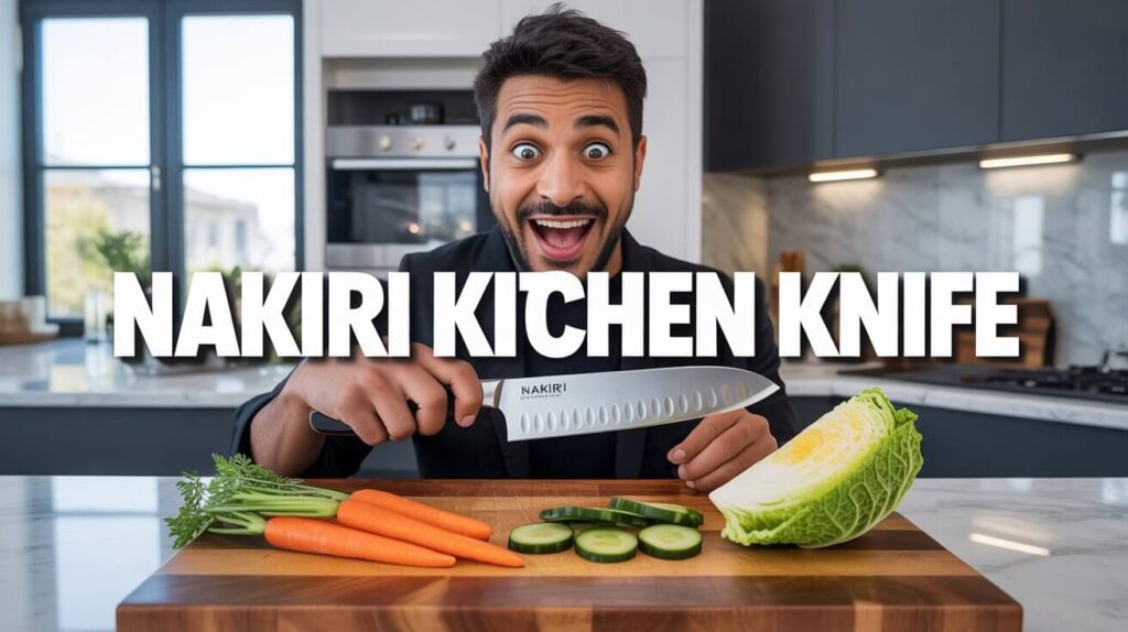 Smiling chef using a nakiri kitchen knife to chop vegetables quickly with a surprised and happy reaction in kitchen.
