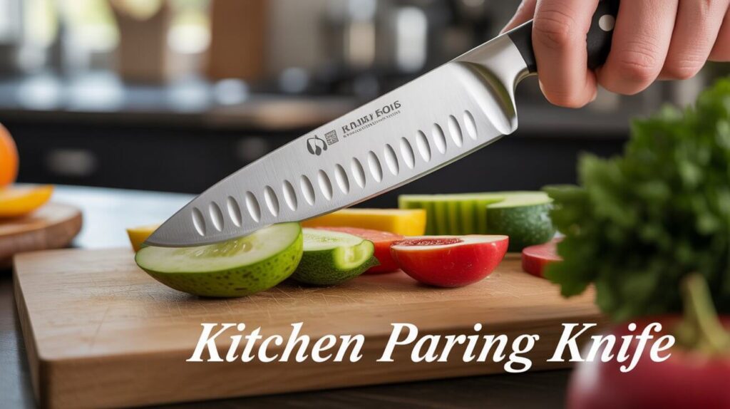 Compact kitchen paring knife with stainless steel blade cutting colorful fruits and vegetables on a wooden board.