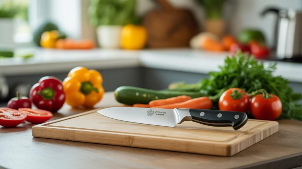 Close-up of a sharp utility knife on a kitchen counter, cutting fresh vegetables with a silver stainless steel blade and wooden handle.