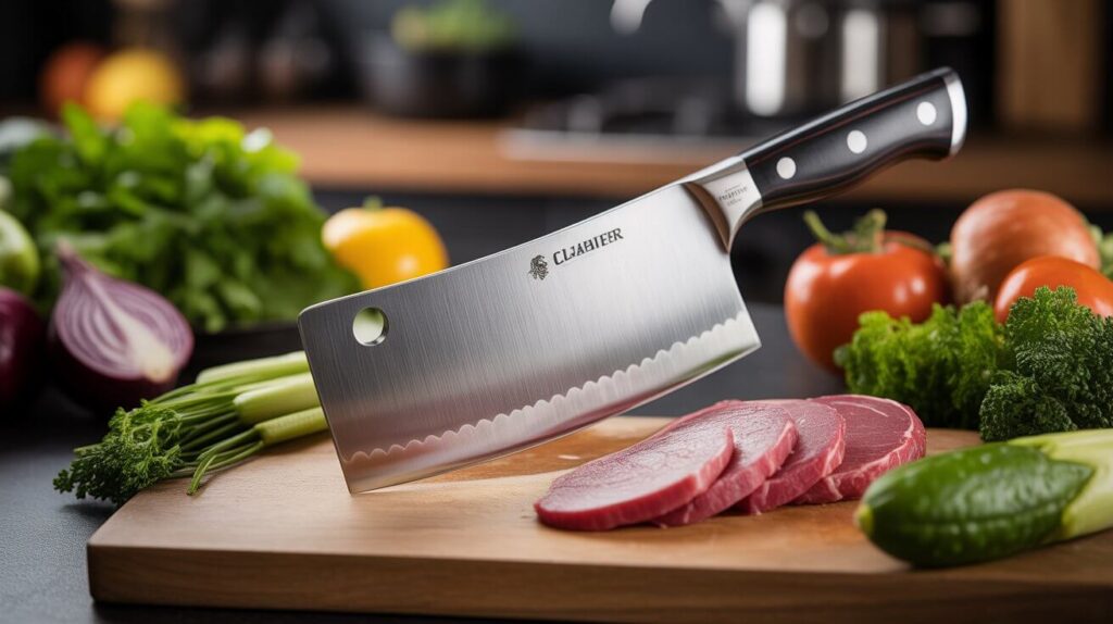 Premium Best Cleaver Knife with ergonomic handle and sharp stainless steel blade cutting fresh vegetables and meat on modern kitchen countertop.