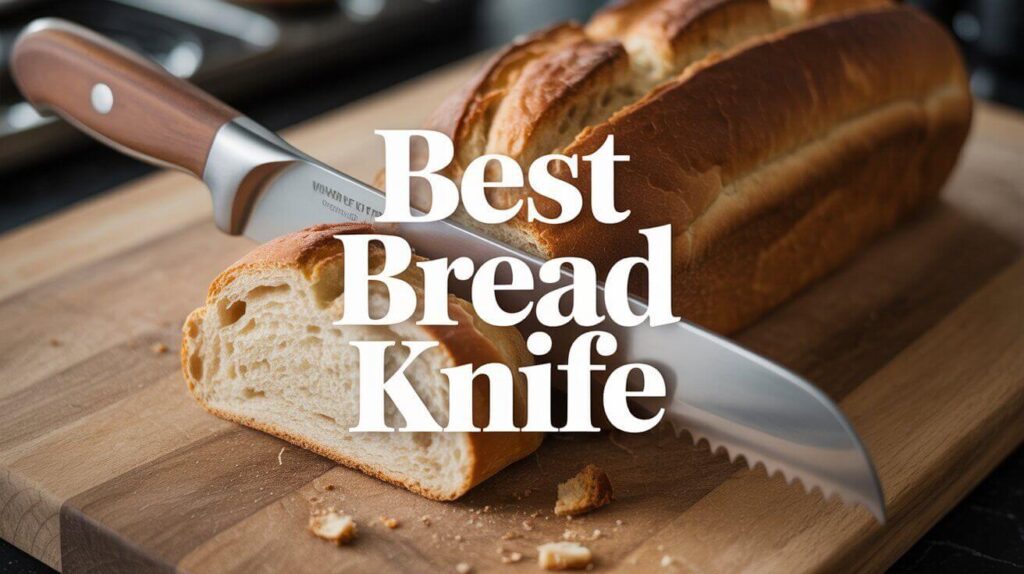 Freshly baked bread being sliced with a professional serrated knife on a rustic wooden board.