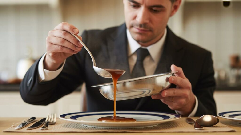A well-dressed man carefully pouring sauce from a ladle into a gravy dish to serve gravy without spills during a formal table setting.