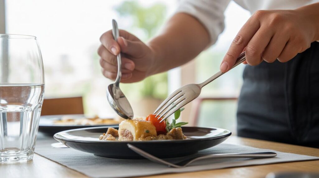 Close-up of hands demonstrating how to serve with spoon and fork while carefully placing food on a black plate at a dining table.