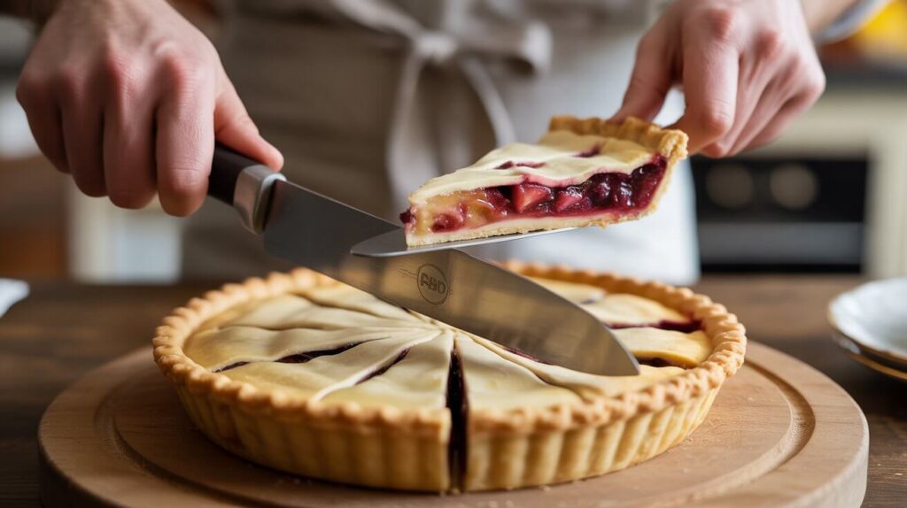 Hands using a knife and pie server to slice a pie cleanly, lifting a single fruit-filled slice from a golden baked pie.