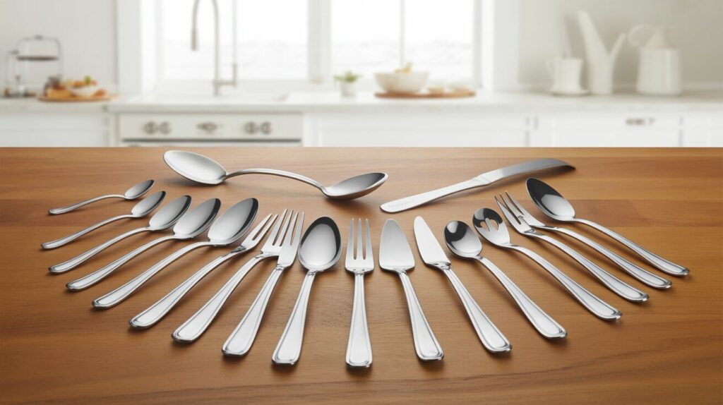 A full stainless steel kitchen Serving Utensil Set neatly arranged on a wooden table, including spoons, forks, knives, ladles, and serving tools for modern kitchens.