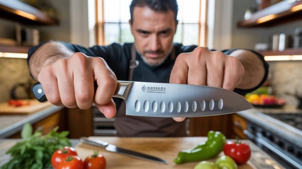 Close-up of a chef holding a sharp stainless steel blade to explain what is kitchen knife and how it is used for precise cutting.