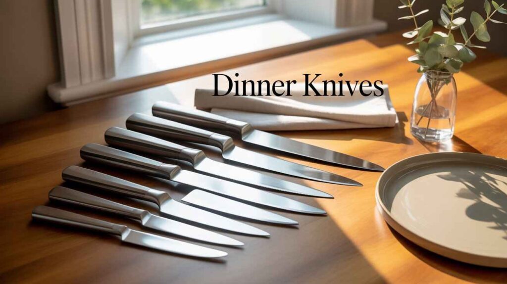 Affordable dinner knives arranged on a wooden table with polished stainless steel blades and modern handles.