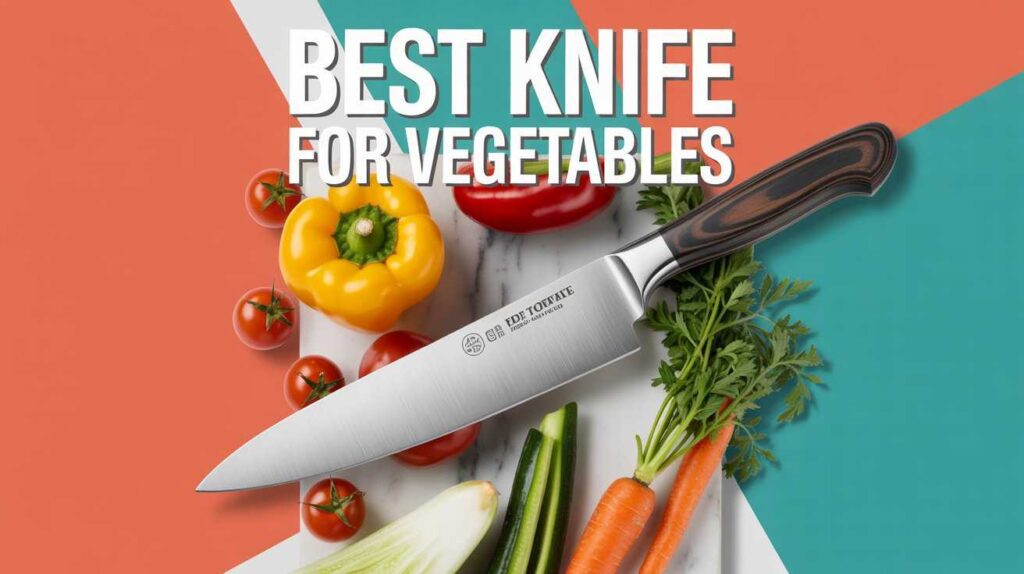 Chef knife placed with fresh vegetables illustrating the best knife for vegetables for precise and easy kitchen cutting.