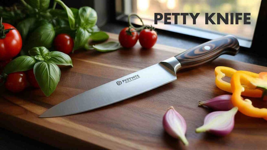 Best Petty Knife with sharp stainless steel blade and ergonomic handle placed on a wooden cutting board surrounded by fresh vegetables and fruits.