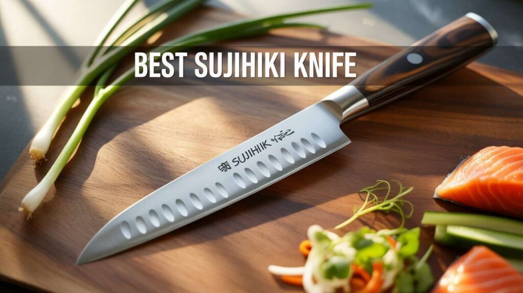Stylish kitchen scene featuring the Best Sujihiki Knife on a wooden cutting board with fresh fish, vegetables, and herbs.