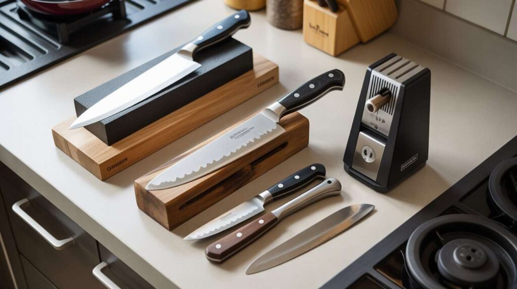 A collection of the best tools for sharpening chef knives, including a whetstone, honing rod, pull-through sharpener, and electric knife sharpener on a clean kitchen countertop.