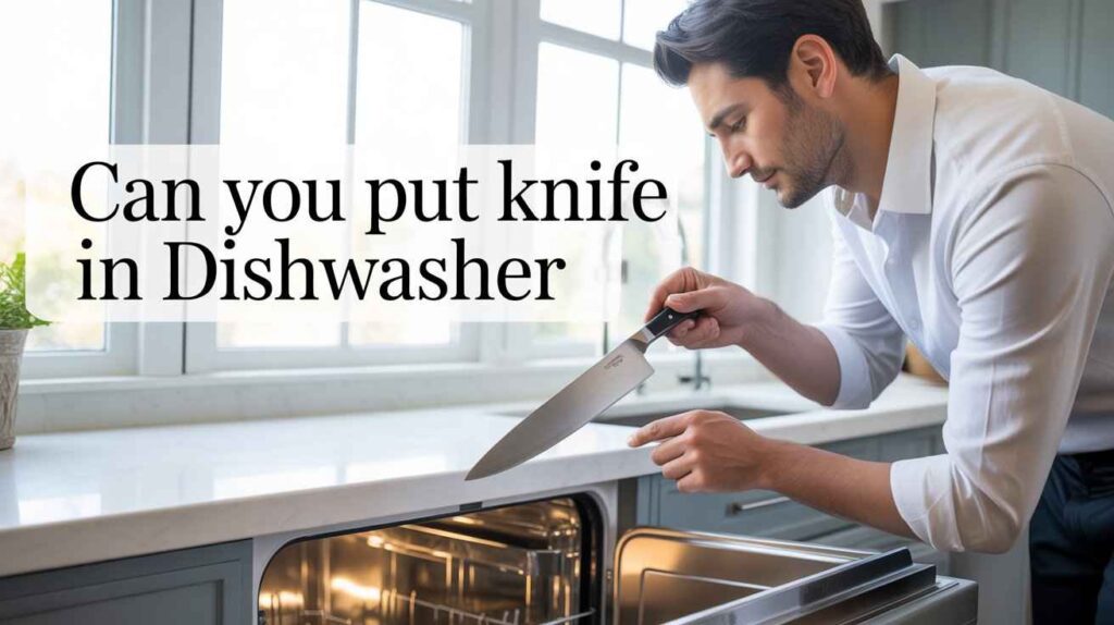 A man showing how to safely put a knife in the dishwasher, demonstrating proper technique for “Can You Put Knife in Dishwasher.”