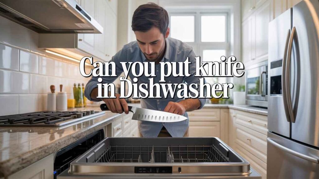 A man placing a knife carefully into a dishwasher, visually explaining “Can You Put Knife in Dishwasher” for safe kitchen practices.