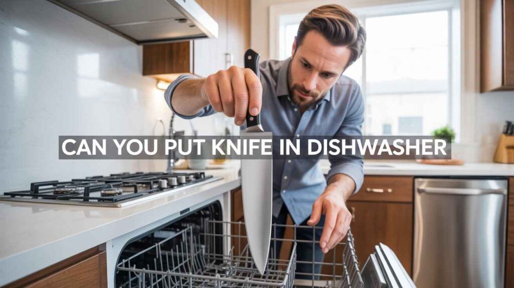 Comparison of correct and incorrect ways to put a knife in the dishwasher, illustrating “Can You Put Knife in Dishwasher” safely.