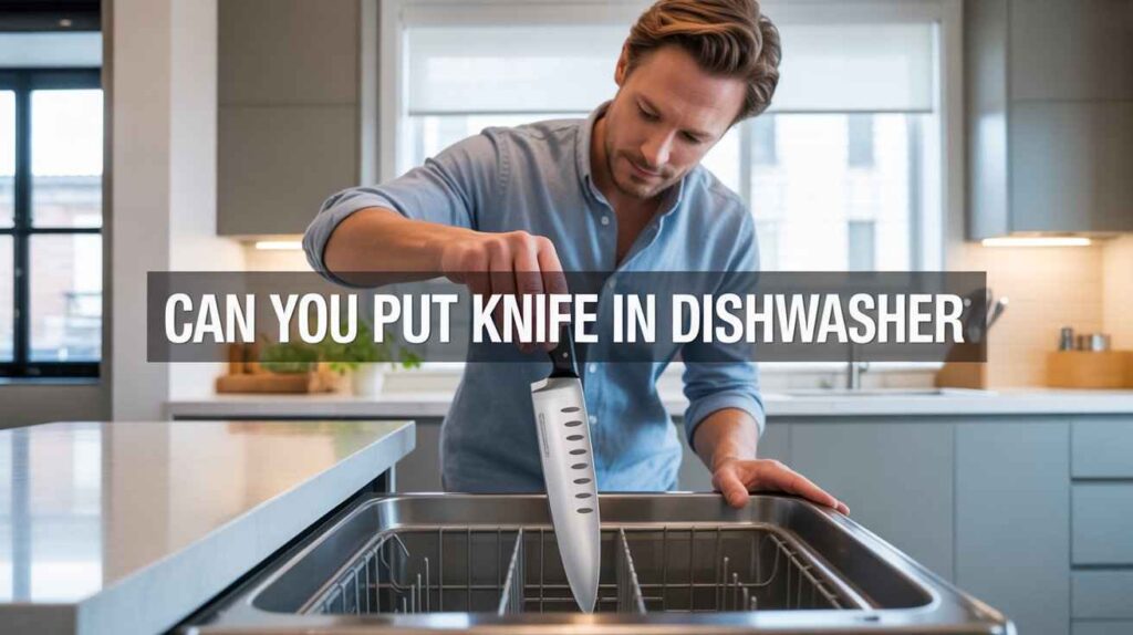 A man carefully placing a knife in the dishwasher in a modern kitchen, illustrating “Can You Put Knife in Dishwasher” safety tips.