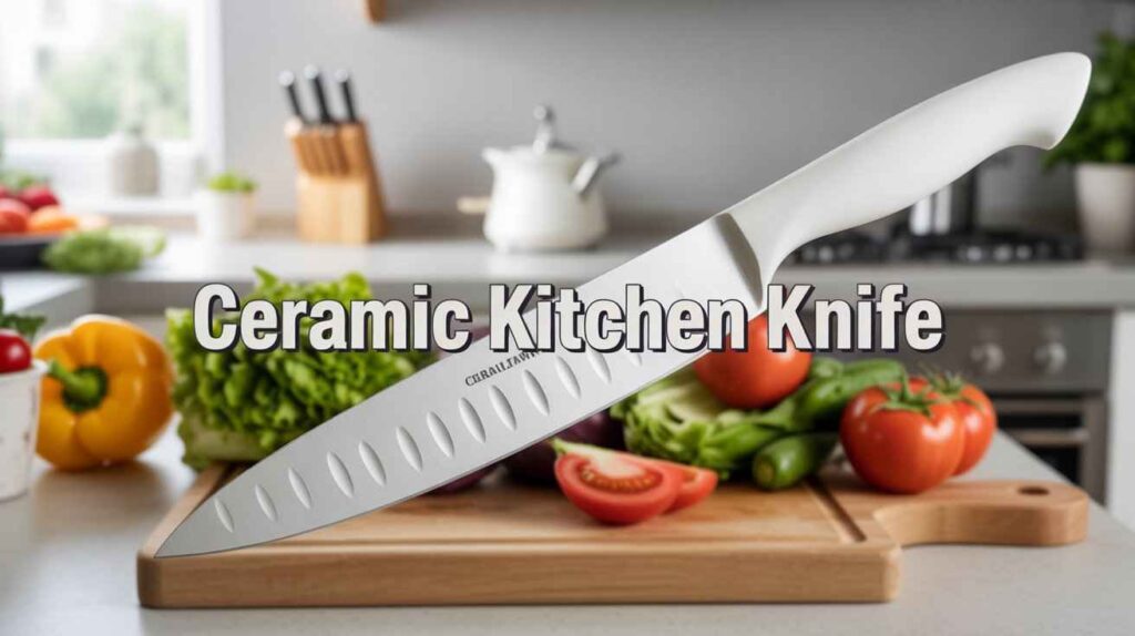 White ceramic kitchen knife with sleek handle slicing fresh vegetables on a wooden cutting board.