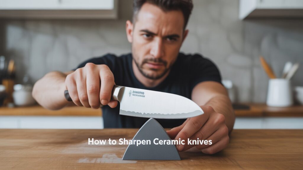 Man holding ceramic knife at correct angle while sharpening on diamond stone.