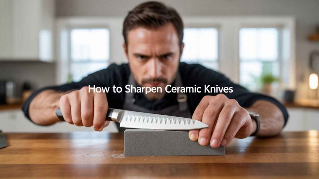 Man testing ceramic knife sharpness by slicing paper after sharpening.