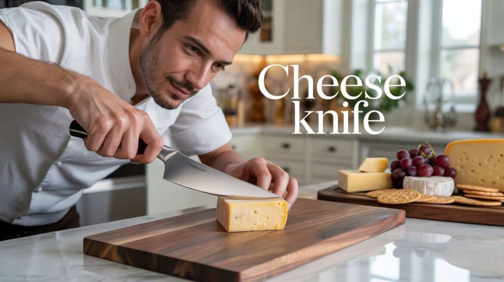 Man holding a cheese knife in a modern kitchen slicing cheese on a cutting board.
