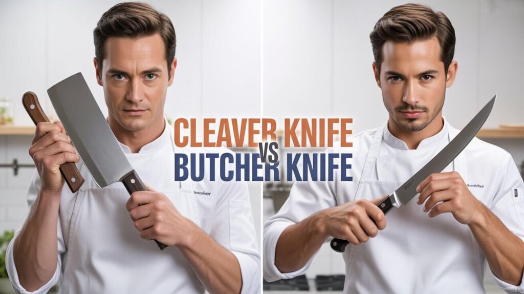 A chef showing proper grip and cutting motion with a cleaver in one hand and a butcher knife in the other in a modern kitchen setting.