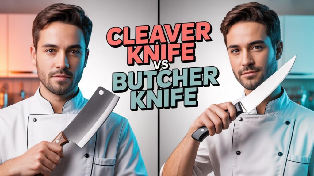 A man demonstrating the differences between a cleaver knife and a butcher knife, showing a clear comparison for home and professional kitchens.