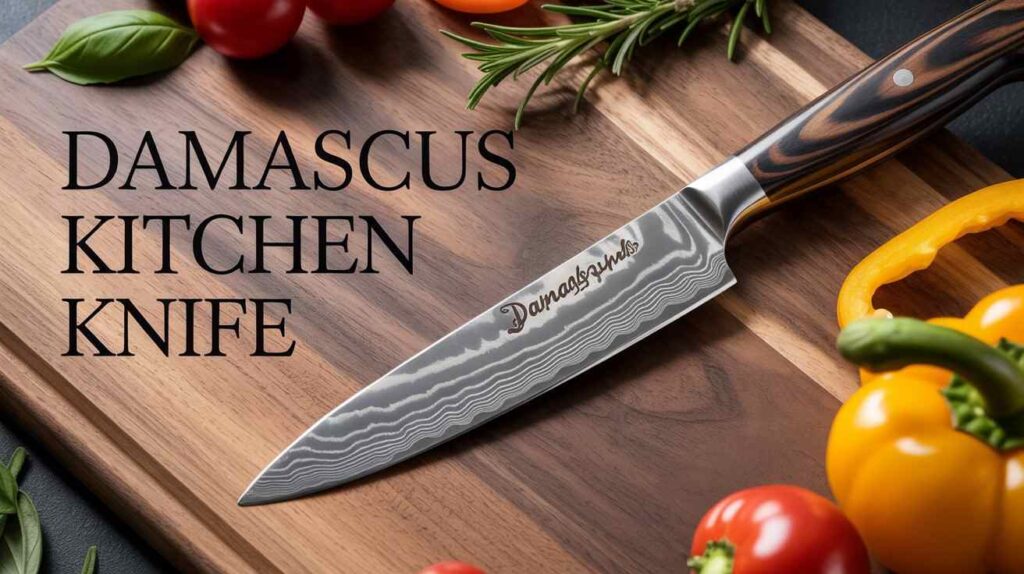 High-quality Damascus Kitchen Knife with wavy steel pattern placed on a wooden cutting board surrounded by fresh vegetables