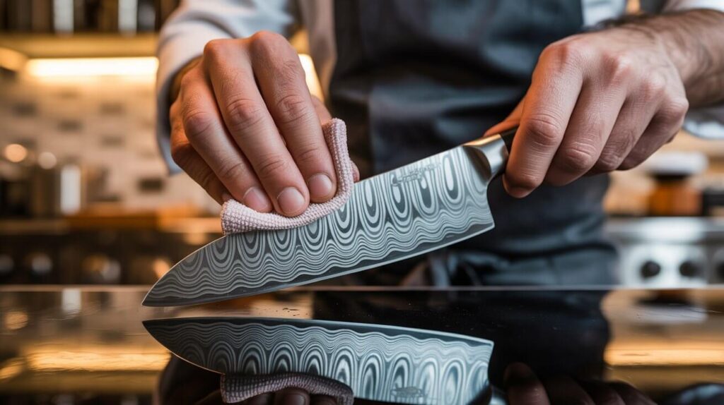 Close-up of a man applying oil to a high-quality Damascus knife blade with a soft cloth in a modern kitchen.
