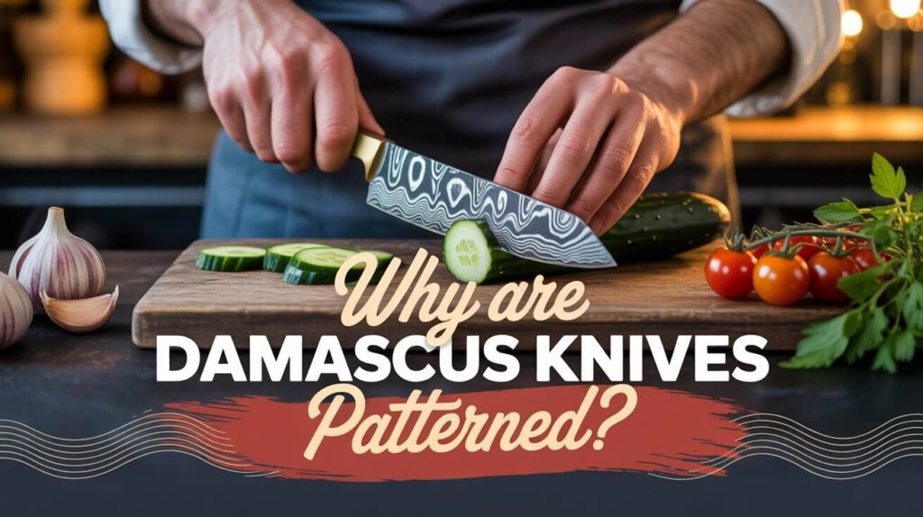Close-up of a Damascus knife blade showing layered steel, explaining why are Damascus knives patterned and craftsmanship details.