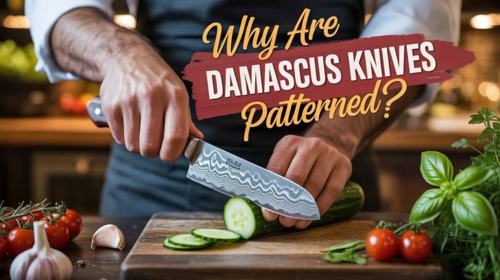 Chef slicing cucumber on a wooden cutting board using a patterned Damascus knife explaining why Damascus knives are patterned.