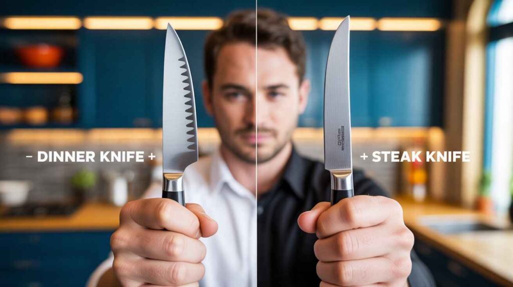 Side-by-side comparison of a dinner knife vs steak knife held by a man, showing differences in blade shape and design.