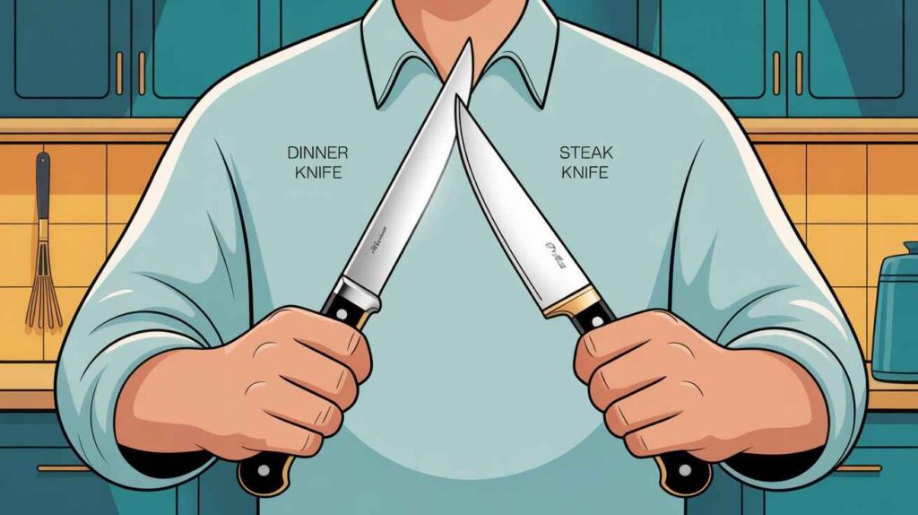 Man presenting a dinner knife vs steak knife side by side on a table, highlighting differences in blade and handle design.