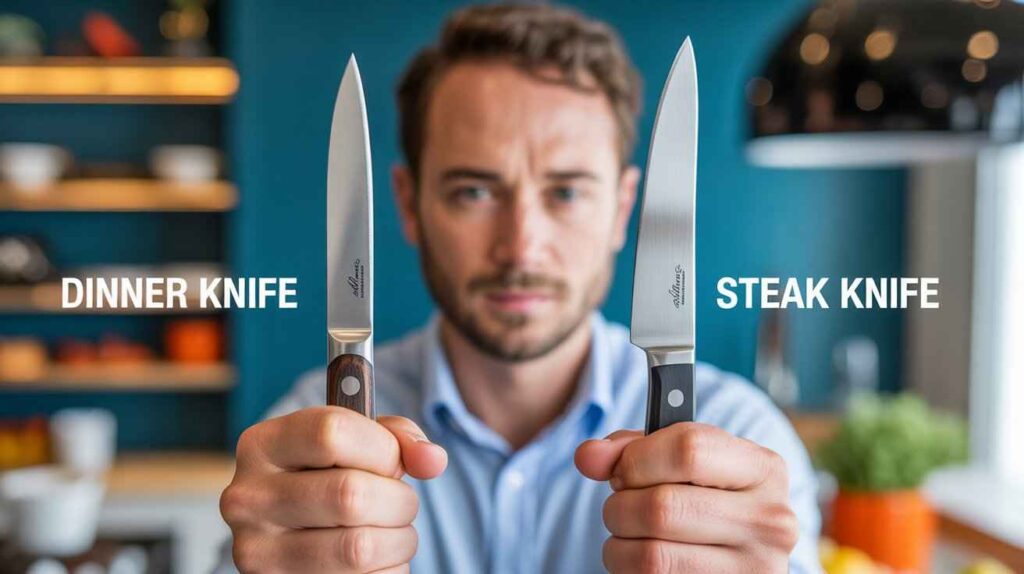 Stylish side-by-side view of a dinner knife vs steak knife on a kitchen counter, showing blade differences and design