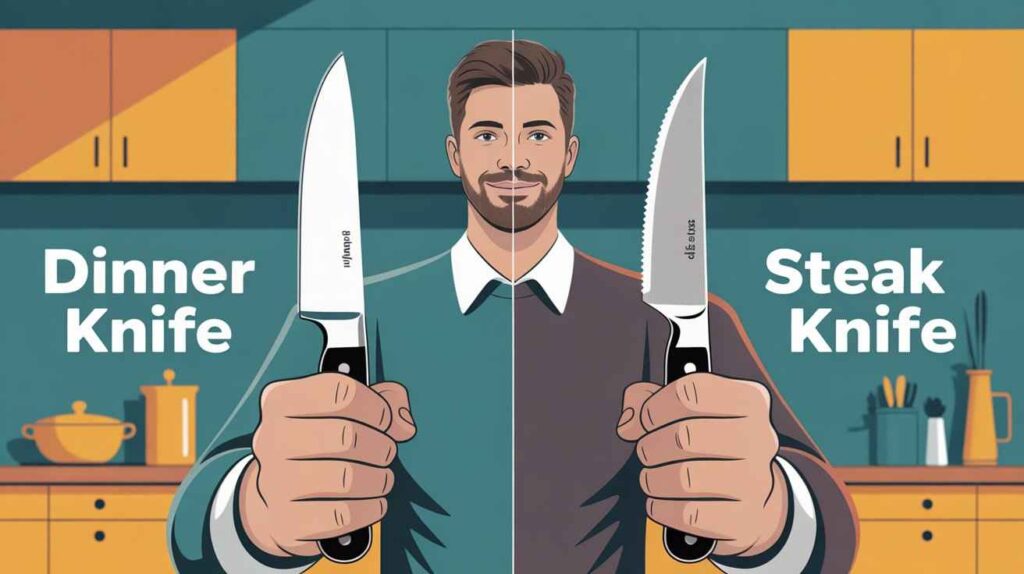 Man holding a dinner knife and a steak knife side by side, showing the differences in blade style and cutting purpose.