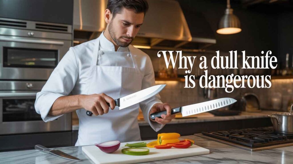 Man in a modern kitchen demonstrating the difference between a sharp knife and a dull knife while preparing vegetables.