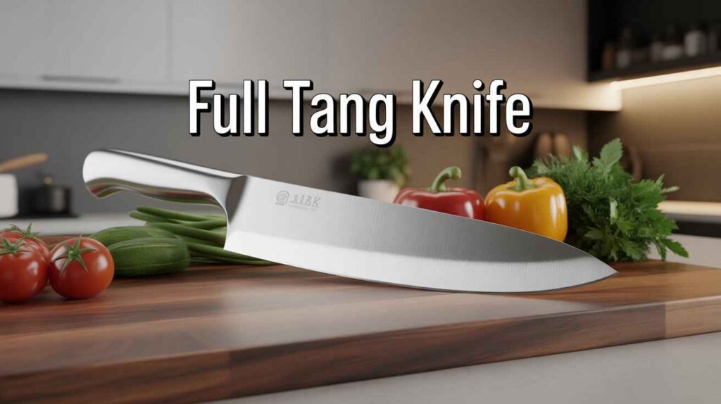 Close-up of a full tang knife showing the metal running through the handle on a cutting board with fresh ingredients – What is Full Tang Knife.