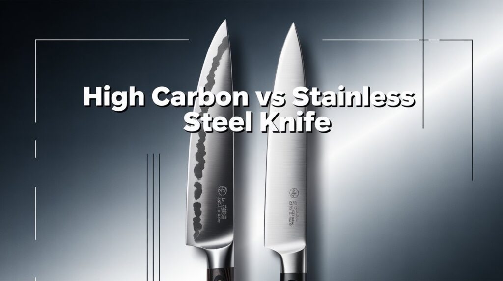 Comparison of two chef knives showing the difference in blade appearance and finish in a high carbon knife and stainless steel for kitchen use.