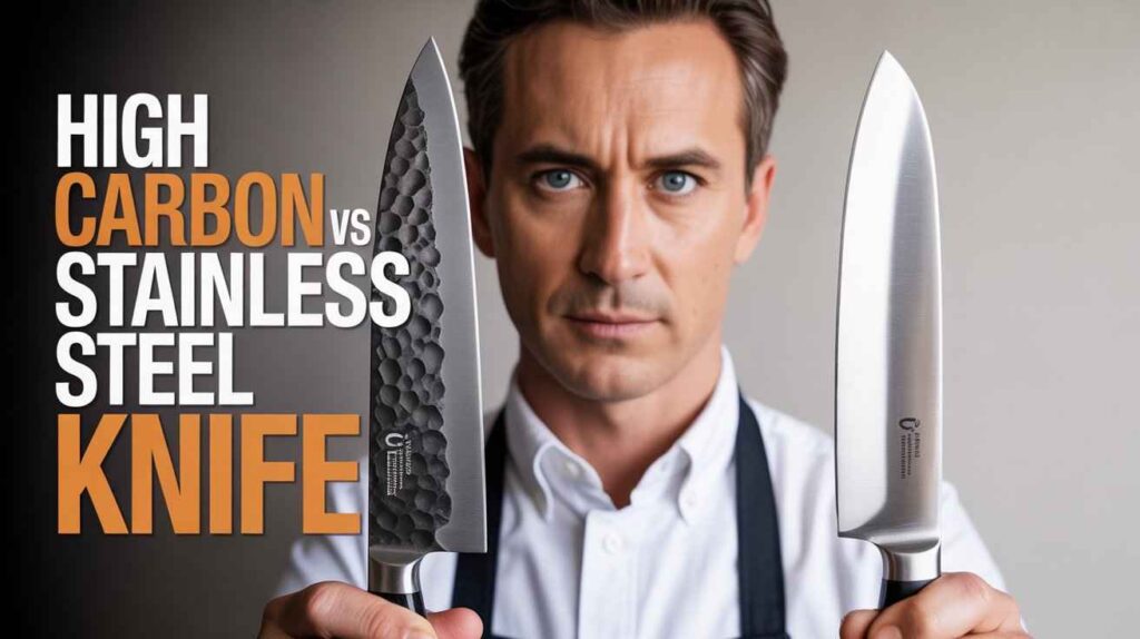 A man presenting a clear comparison between a high carbon vs stainless steel knife, showing the differences in blade color, sharpness, and design.